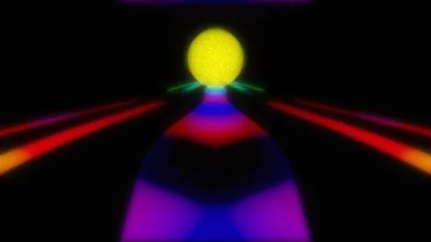Glowing yellow sphere with neon light trails on dark background Illustrazione stock