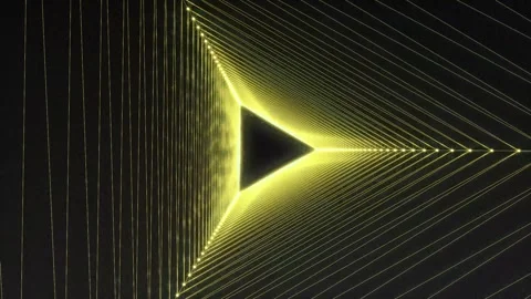 Glowing yellow triangle forms a tunnel with dotted lines on black Stock Footage 328130605