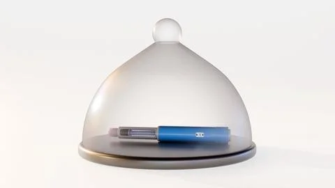 GLP-1 receptor agonist injection pen on a serving platter with a cloche. Stock Illustration
