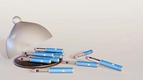 GLP-1 receptor agonist injection pen on a serving platter with cloche. Stock Illustration