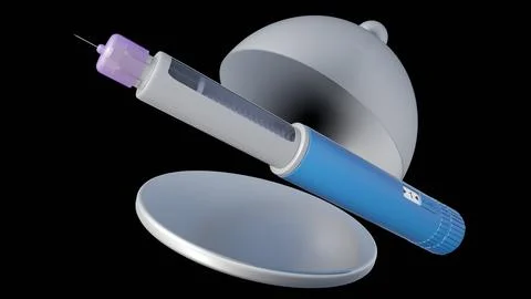 A GLP-1 receptor agonist injection pen on a serving platter with a cloche Stock Illustration
