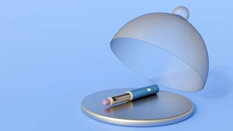 A GLP-1 receptor agonist injection pen on a serving platter with a cloche Stock Illustration