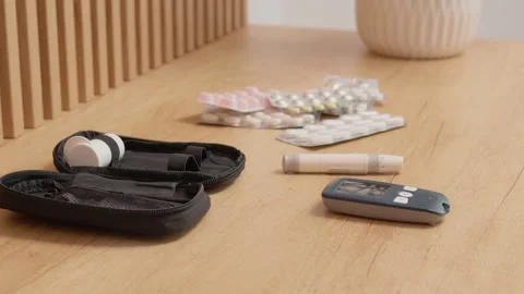 Glucometer and pills on table for managing blood sugar levels Vídeos de archivo 334033263