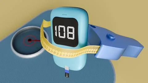 A glucometer, a body fat caliper with a flexible loop and bathroom weight scale. Stock Illustration