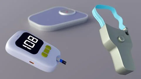 A glucometer, a body fat caliper with a flexible loop and bathroom weight scale. Stock Illustration