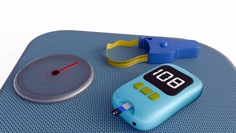 A glucometer, a body fat caliper with a flexible loop and bathroom weight scale. Stock Illustration