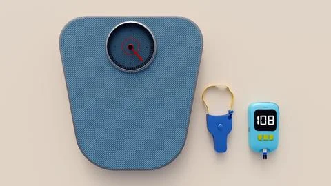 A glucometer, a body fat caliper with a flexible loop and bathroom weight scale. Stock Illustration