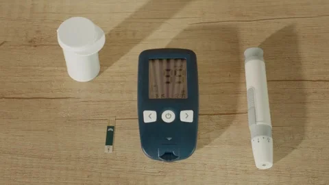 Glucometer reading shows 99 mg dL, highlights importance of diabetes management Stock Footage 334033196