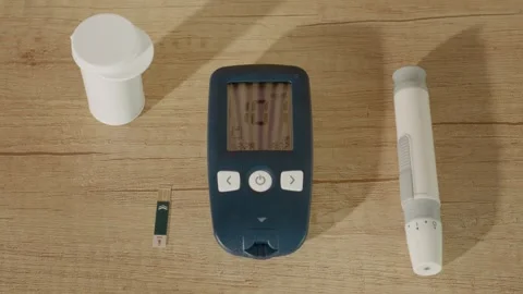 Glucometer shows blood sugar reading of 101 mg dL on a wooden table Stock Footage 334033163