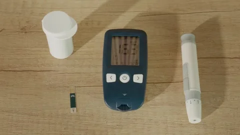 Glucometer shows high blood sugar level of 163 mg dL on wooden table Stock Footage 334033214