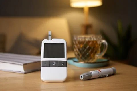 A glucometer with a test strip and a pen for insulin is placed on a wooden .. Stock Photos