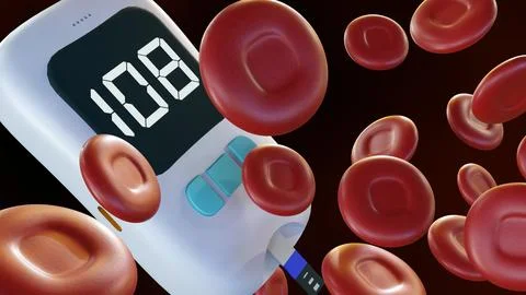 A glucometer with a test strip inserted and red blood cells Illustrazione stock