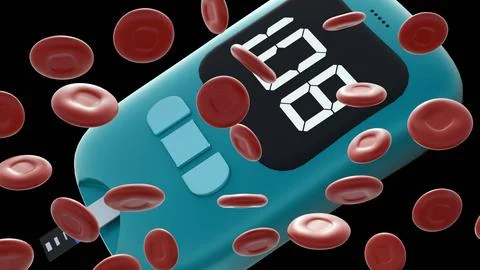 A glucometer with a test strip inserted and red blood cells Illustrazione stock