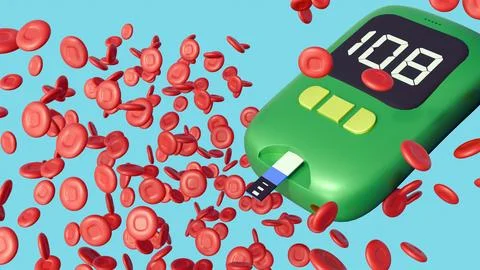 A glucometer with a test strip inserted and red blood cells Illustrazione stock