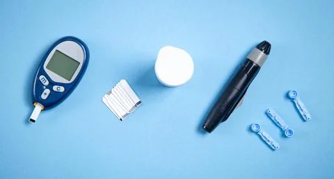Glucometer with test strips and other objects. Devices for measuring of glu.. Stock Photos