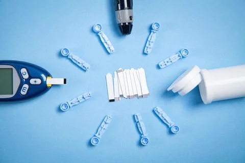 Glucometer with test strips and other objects. Devices for measuring of glu.. Stock Photos