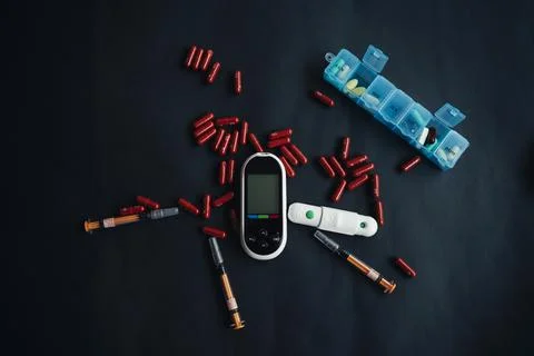Glucose control, syringes, pills, everything you need to control diabetes Stock Photos