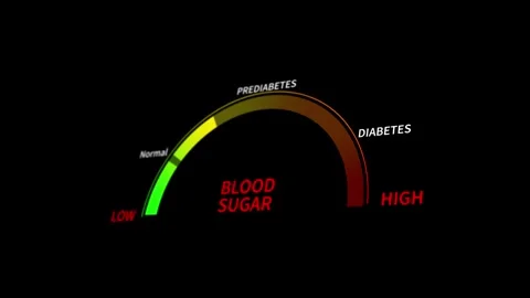Glucose level meter health visual arc scale, blood sugar text, and warning range Stock Footage 340566769