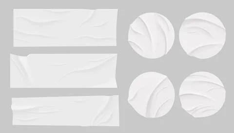 Glued circle paper wrinkled effect sticker, empty frame, badge mockup isolated Stock Illustration