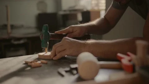 Gluing boards in a carpentry workshop. Connecting with dowels and glue. Producti Stock Footage 219347149