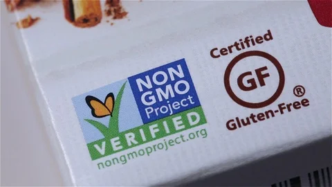 Gluten Free Non-GMO Label on Box of Cookies Stock Footage 101157758