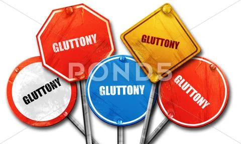 Gluttony, 3D rendering, street signs Stock Illustration