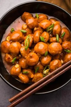 Glycine max Chunks or Soya Chunk Manchurian dry or with Gravy Foto stock