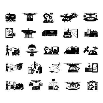 Glyph Autonomous Logistics and Drone Delivery Icon Set. Vector Illustration.. Illustrazione stock