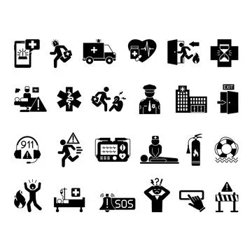 Glyph Emergency Icon Set. Vector Icons: Evacuation, First Aid, Defibrillato.. Stock Illustration