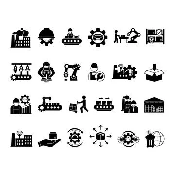 Glyph Factory Icon Set. Vector Icons: Production, Industry, Product, Machin.. Stock Illustration