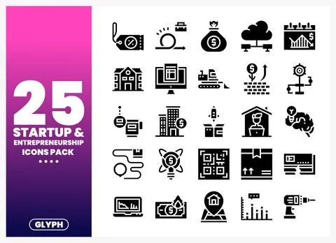 Glyph icon pack showcasing startup and entrepreneurship concepts on a gradi.. Stock Illustration