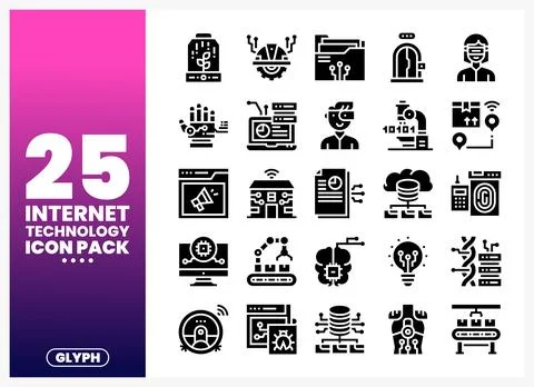 Glyph icons for internet technology and digital transformation. displayed o.. Stock Illustration