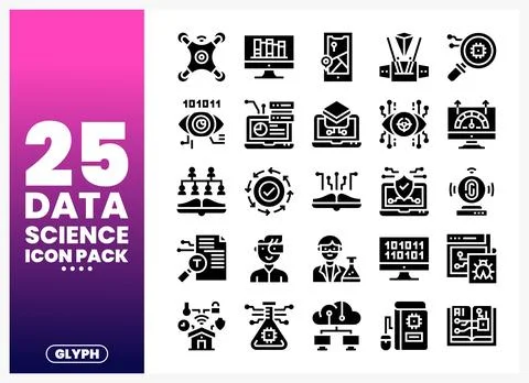 Glyph icons representing data science concepts on a white background Stock Illustration