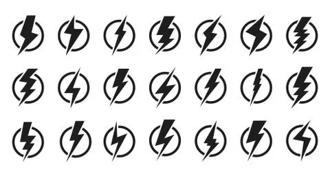 Glyph lightning bolt icon flash circle vector set Stock Illustration