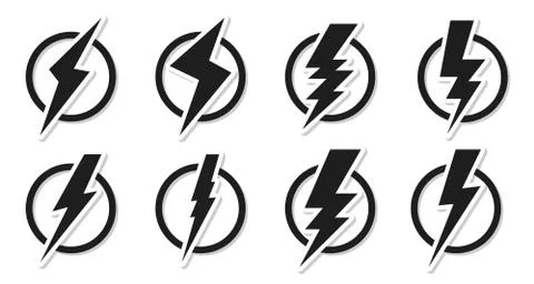 Glyph lightning bolt icon flash circle vector set Stock Illustration