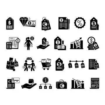 Glyph Price Icon Set. Vector Icons: Price Tag, Product, Cost, Expenses, Dis.. Stock Illustration