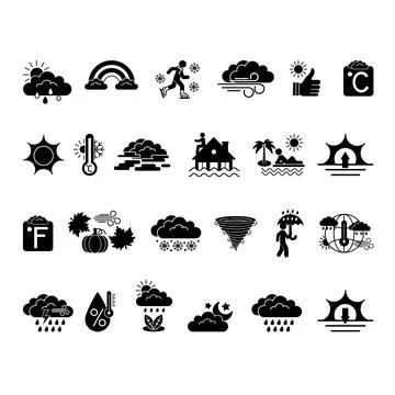Glyph Weather Icon Set. Vector Icons Temperature, Sun, Rain, Wind, Snow, Ra.. Stock Illustration