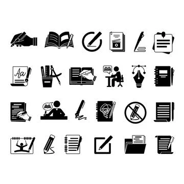 Glyph Writing Icon Set. Vector Icons Book, Compose, Writer, Stationery, Edi.. Stockillustratie
