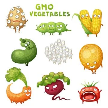 GMO Monster Vegetable Illustrations Set. Cartoon Vector Funny Character Icon Stock Illustration