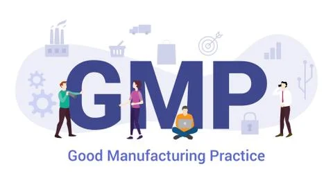 Gmp good manufacturing practice concept with big word or text and team people Stock Illustration