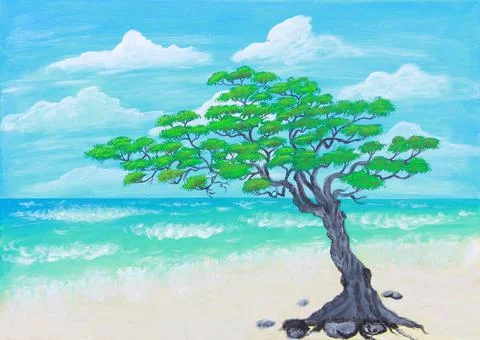 Gnarled old Japanese Juniper tree on sandy beach by ocean Stock Illustration