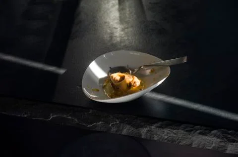 Gnawed bone in empty plate Stockfoto's