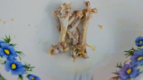 Gnawed chicken bones in an empty plate 库存影片 143773860