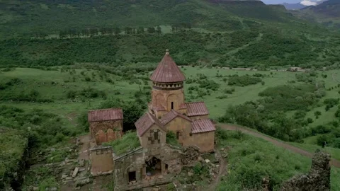 Gnevank Monastery in the deep green gorge of Lori Armenia. Drone video. Stock Footage 253415030