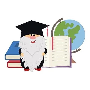A gnome in an academic cap on the background of a globe and books, vector iso Stock Illustration