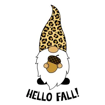 Gnome with acorn. Phrase Hello Fall. Thanksgiving Day. Vector illustration. Illustrazione stock