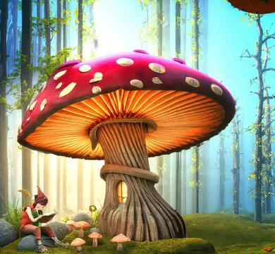 Gnome elf reading a book under a giant red mushroom house in the forest Stock Illustration