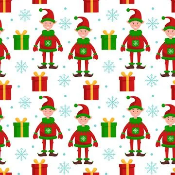 Gnome with gift boxes and snowflakes. Seamless pattern Stock Illustration