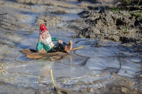 Gnome lying on a leaf found on a sheet of ice in a puddle Stock Photos