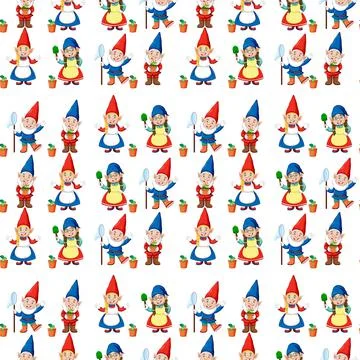Gnome or dwarf seamless pattern with garden elements Illustrazione stock